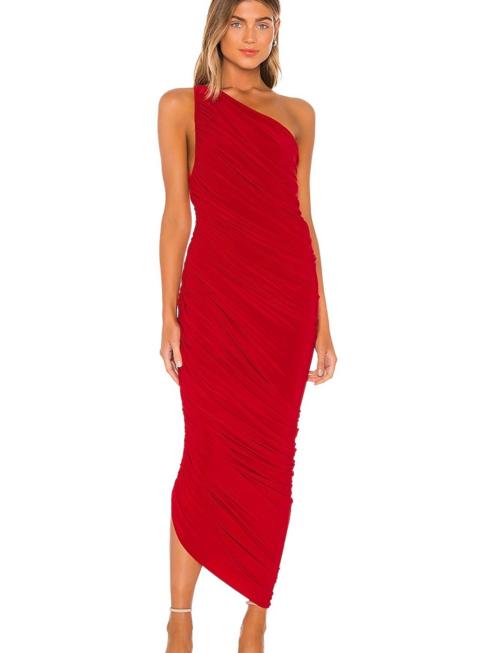 Norma Kamali One-Shoulder Red Ruched Midi Dress